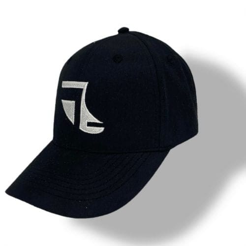 Angled image of Black ShoreTees Baseball Cap with White embroidered Fin Logo