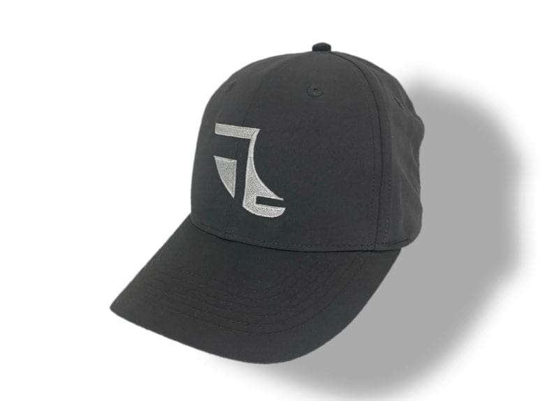 Angled image of Grey ShoreTees Baseball Cap with White embroidered Fin Logo