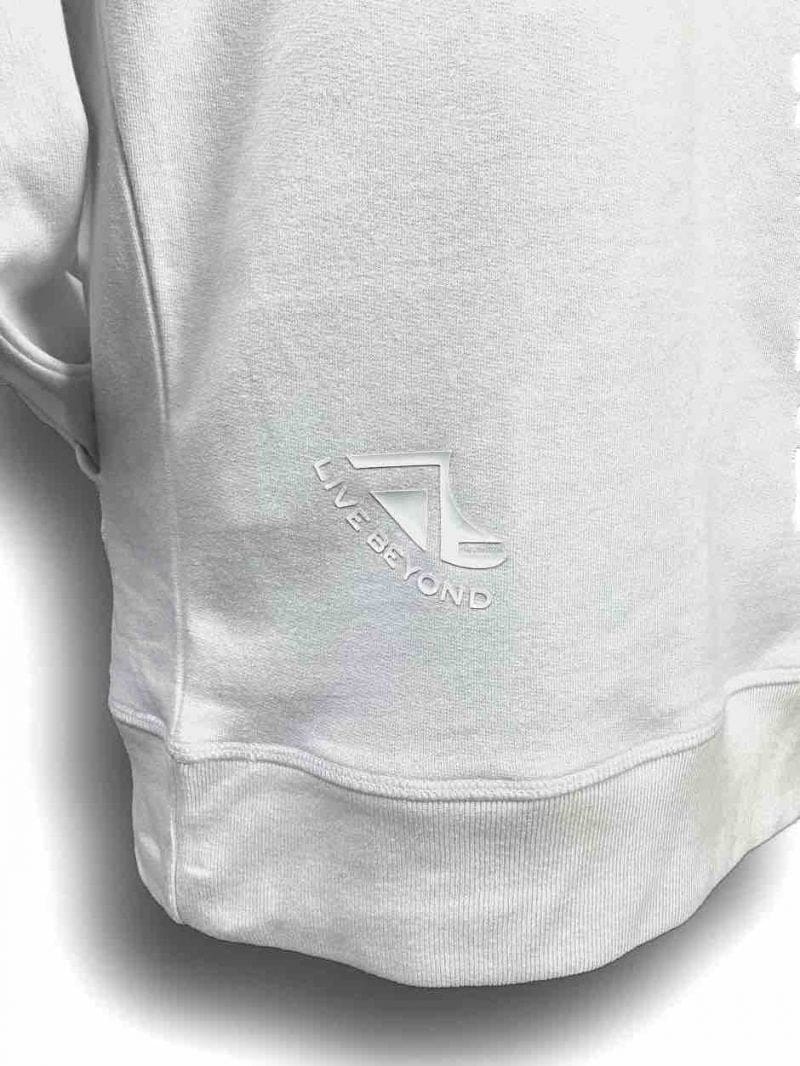 Close up image of Balance Collection Premium White Hoodies White rear silicone detail