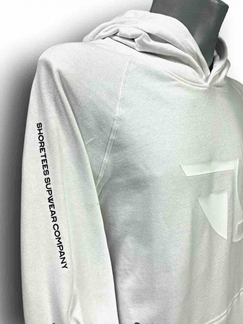 Close up image of Balance Collection Premium White Hoodie Black arm silicone