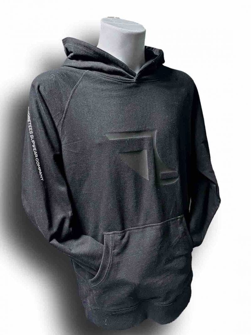 Front image of Men's Balance Collection Premium Black Hoodie with white arm silicone