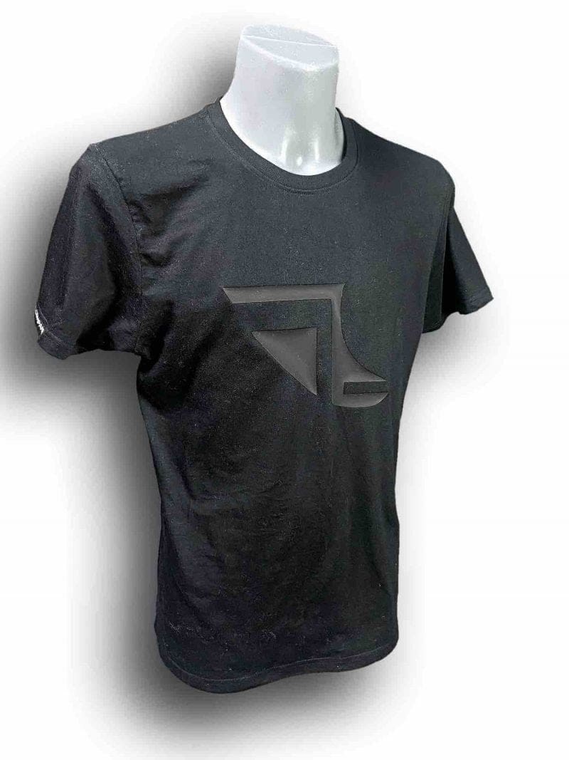 Front image of Men's Balance Collection Premium Black T-Shirt with white arm silicone