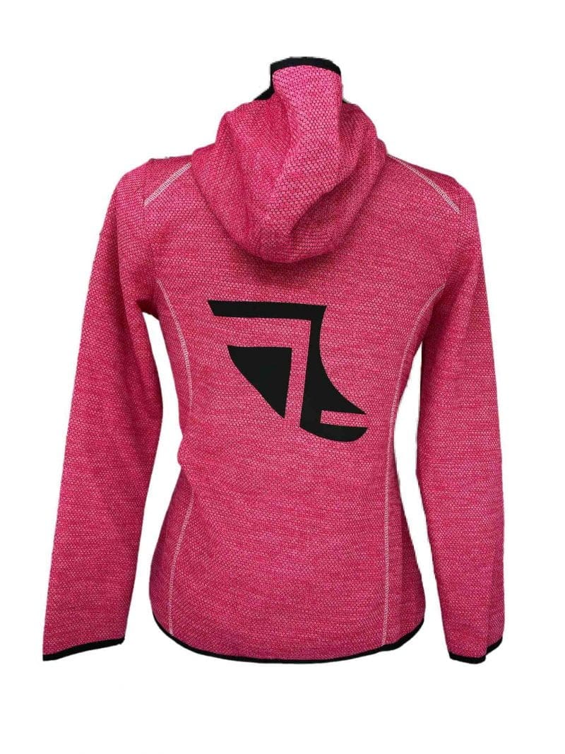 Rear image of Ladies Recycled hooded fleece in Sweet Pink with ShoreTees Logo in Black