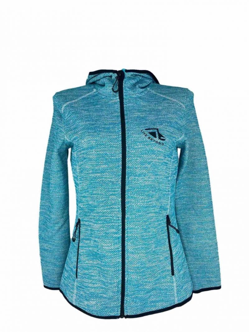 Front on image of Ladies Recycled hooded fleece in Turquoise with Black 'Live Beyond' print