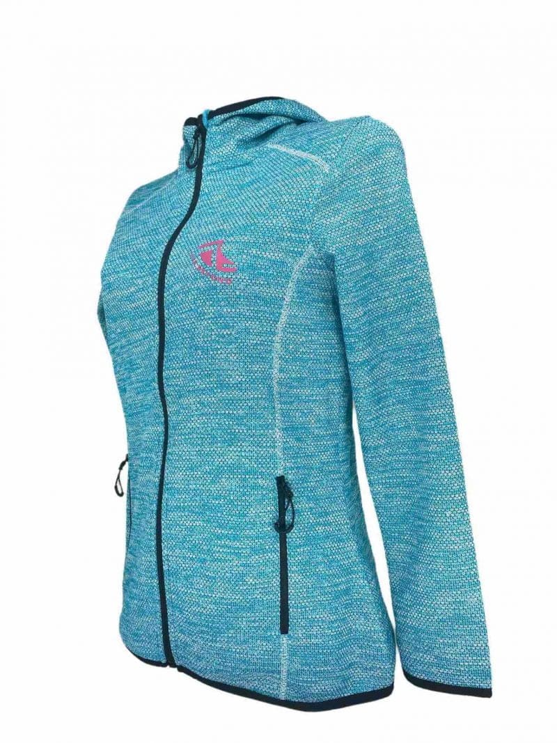 Angled image of Ladies Recycled hooded fleece in Turquoise with Pink 'Live Beyond' print