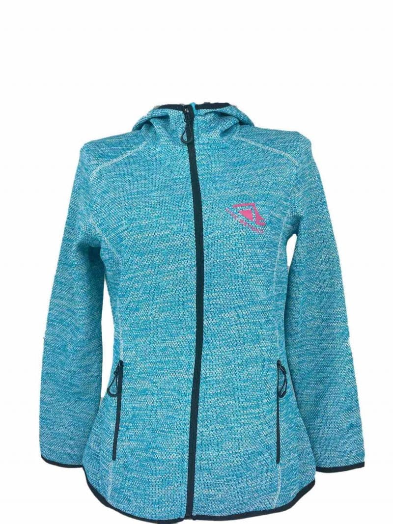 Front on image of Ladies Recycled hooded fleece in Turquoise with Pink 'Live Beyond' print