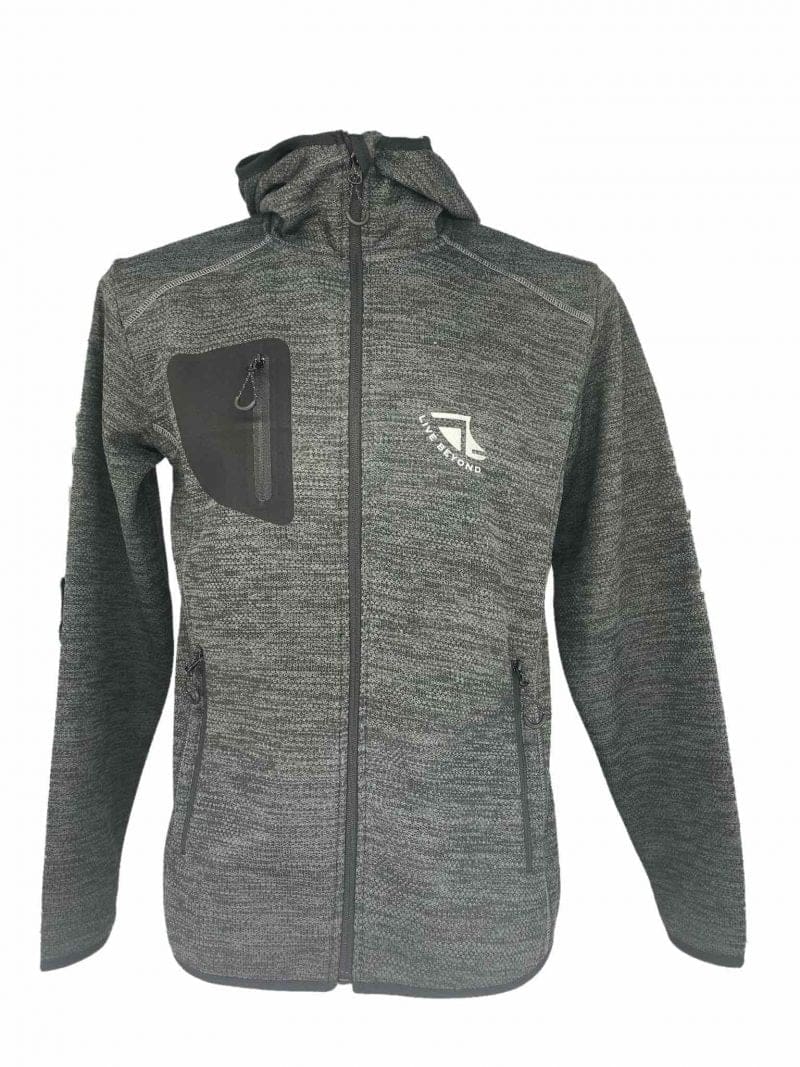 Front on image of Men's Recycled hooded fleece in Steel Grey with Silver 'Live Beyond' print
