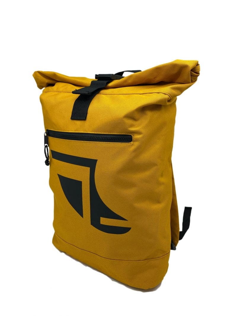 Angled image of Yellow 20L Recycled Backpack featuring Fin Logo in Black