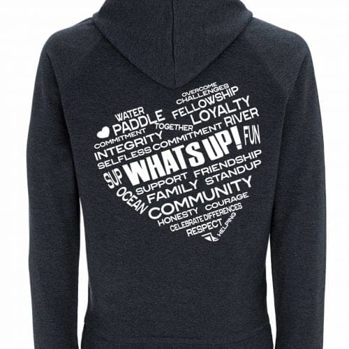 Rear of WhatSUP! unisex recycled Hoodie in Melange Black with White Heart