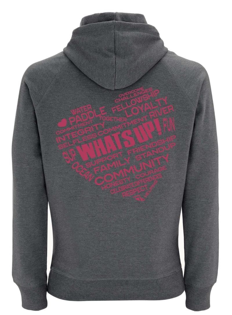 Rear of WhatSUP! unisex recycled Hoodie in Heather with Dusky Red Heart