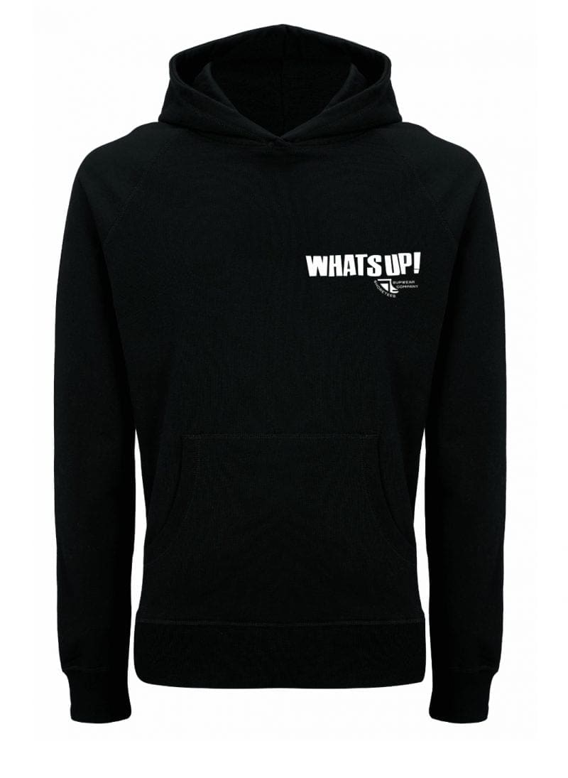 Front of WhatSUP! unisex recycled Hoodie in Black with White Print