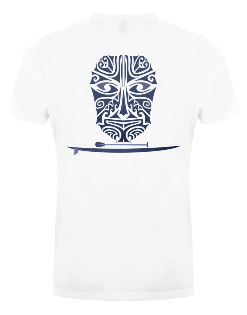 White 100% recycled unisex t shirt featuring long paddle SUP tribal face with board in a blue fade. Rear image