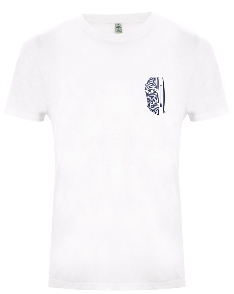 White 100% recycled unisex t shirt featuring long paddle SUP tribal face with board in a blue fade. Front image
