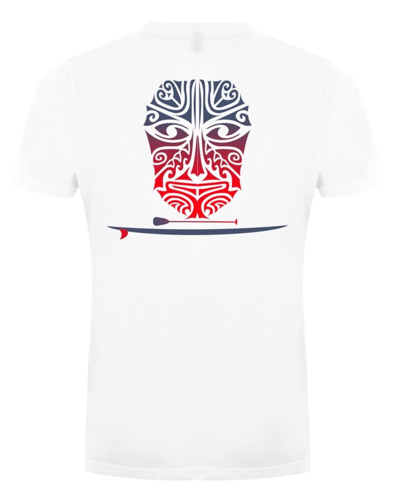 White 100% recycled unisex t shirt featuring long paddle SUP tribal face with board in a blue to red fade. Rear image