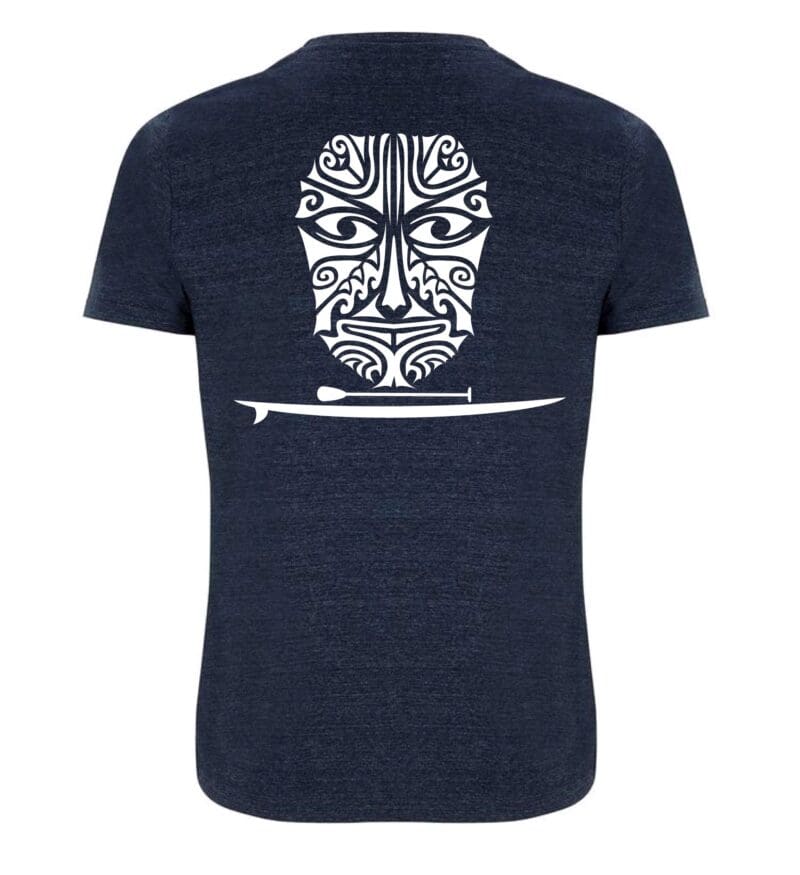 Melange Navy 100% recycled unisex t shirt featuring long paddle SUP tribal face with board in white. Rear image