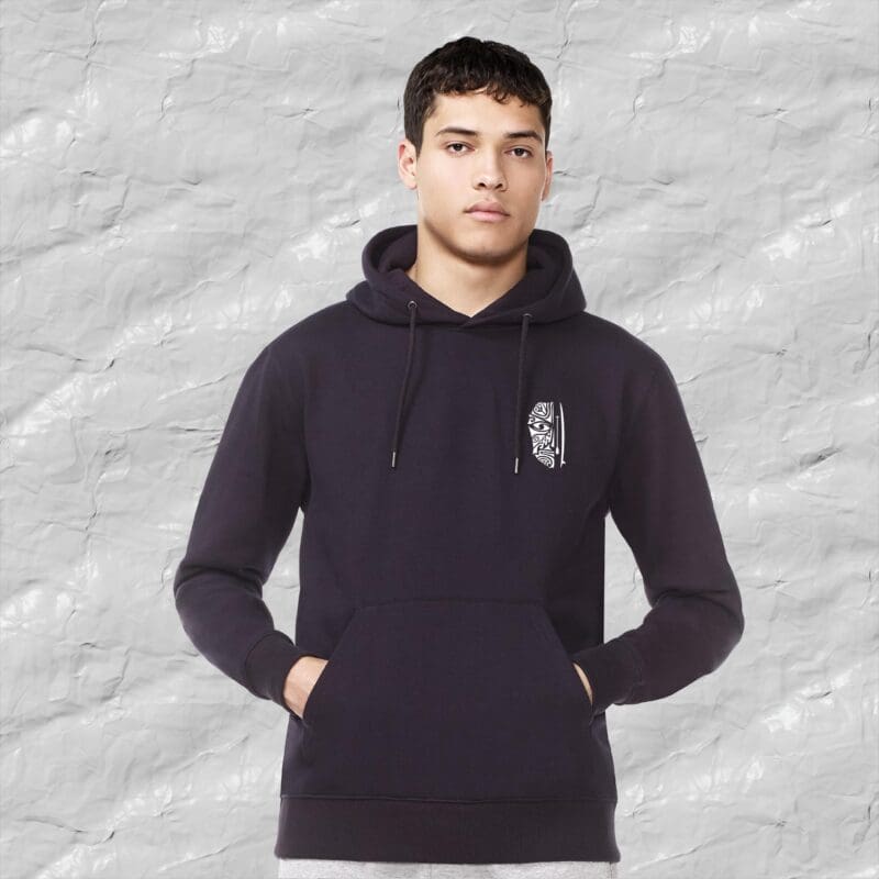 Model image of Navy sustainable hoodie featuring long paddle SUP tribal face with board in white. Front image