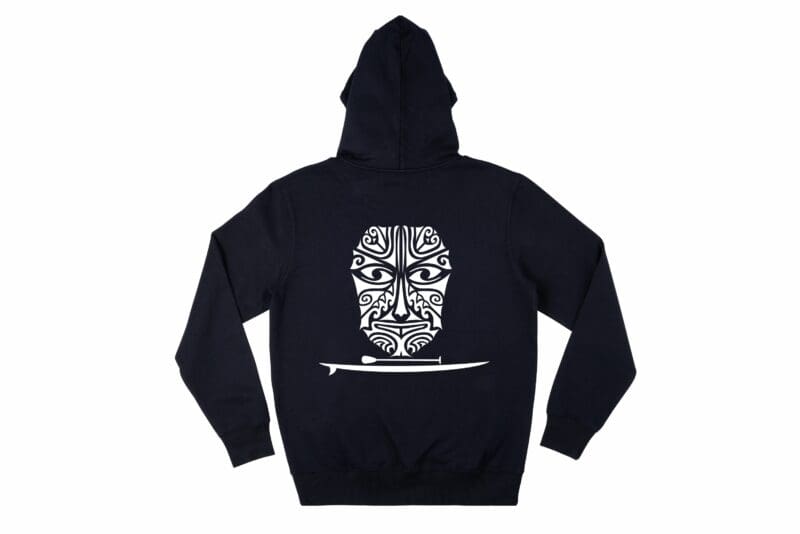 Navy sustainable hoodie featuring long paddle SUP tribal face with board in white. Rear image